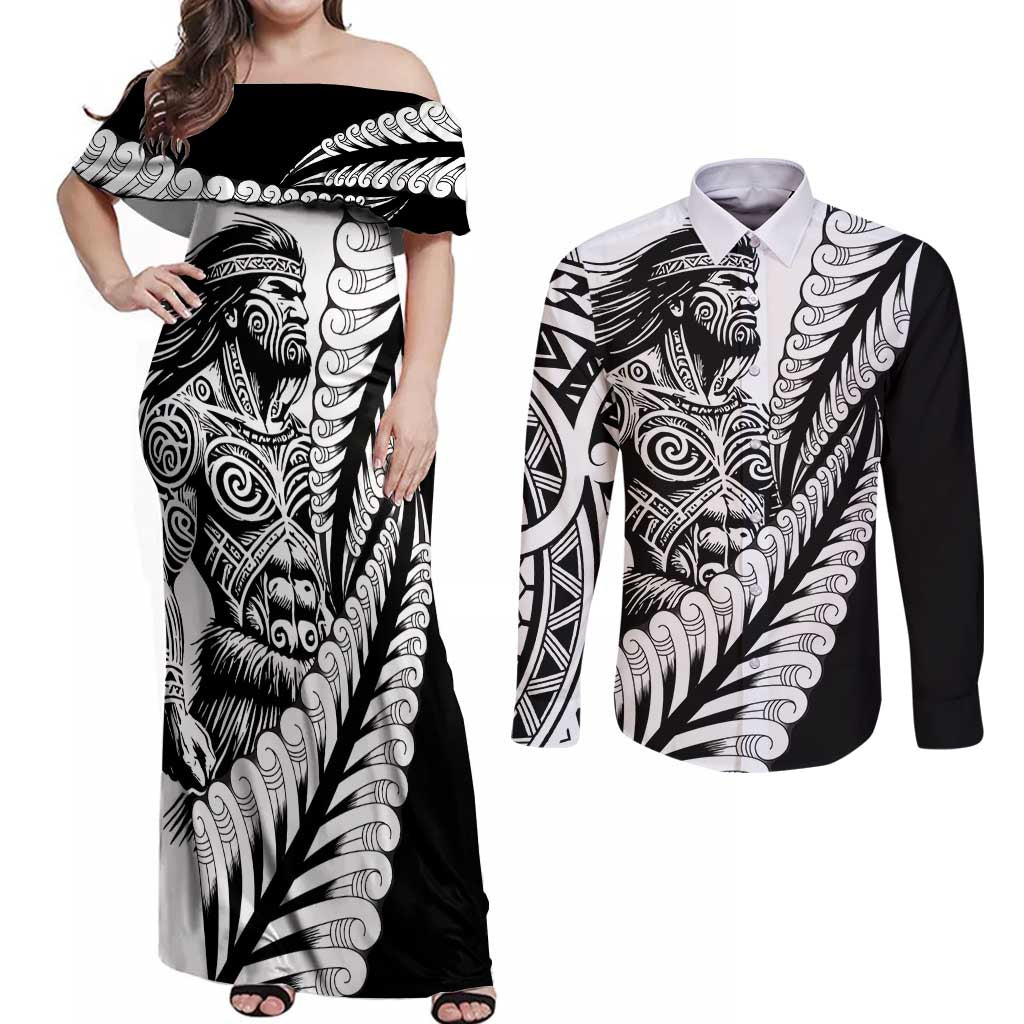 Koru Fern New Zealand Maori Tribal Warrior Couples Matching Off Shoulder Maxi Dress and Long Sleeve Button Shirt LT9 Black - Polynesian Pride