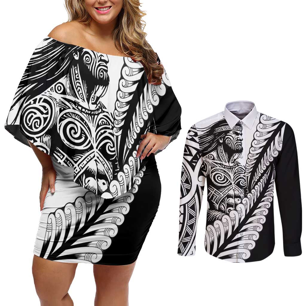Koru Fern New Zealand Maori Tribal Warrior Couples Matching Off Shoulder Short Dress and Long Sleeve Button Shirt LT9 Black - Polynesian Pride