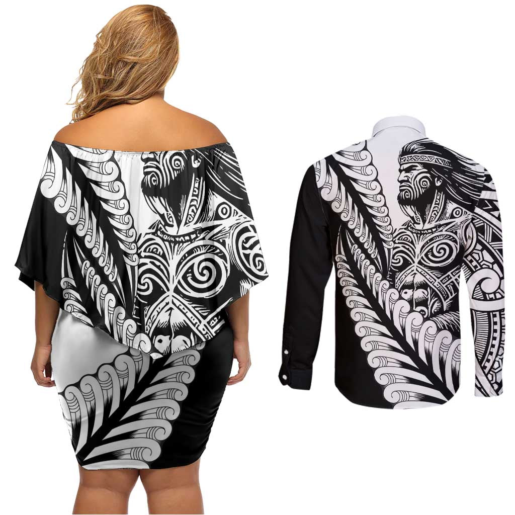 Koru Fern New Zealand Maori Tribal Warrior Couples Matching Off Shoulder Short Dress and Long Sleeve Button Shirt