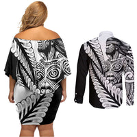 Koru Fern New Zealand Maori Tribal Warrior Couples Matching Off Shoulder Short Dress and Long Sleeve Button Shirt