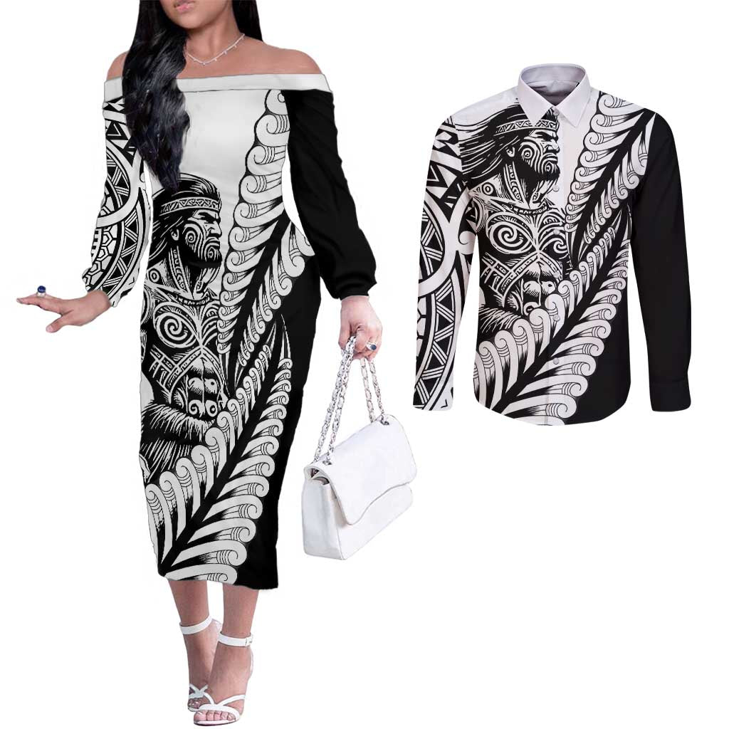 Koru Fern New Zealand Maori Tribal Warrior Couples Matching Off The Shoulder Long Sleeve Dress and Long Sleeve Button Shirt LT9 Black - Polynesian Pride