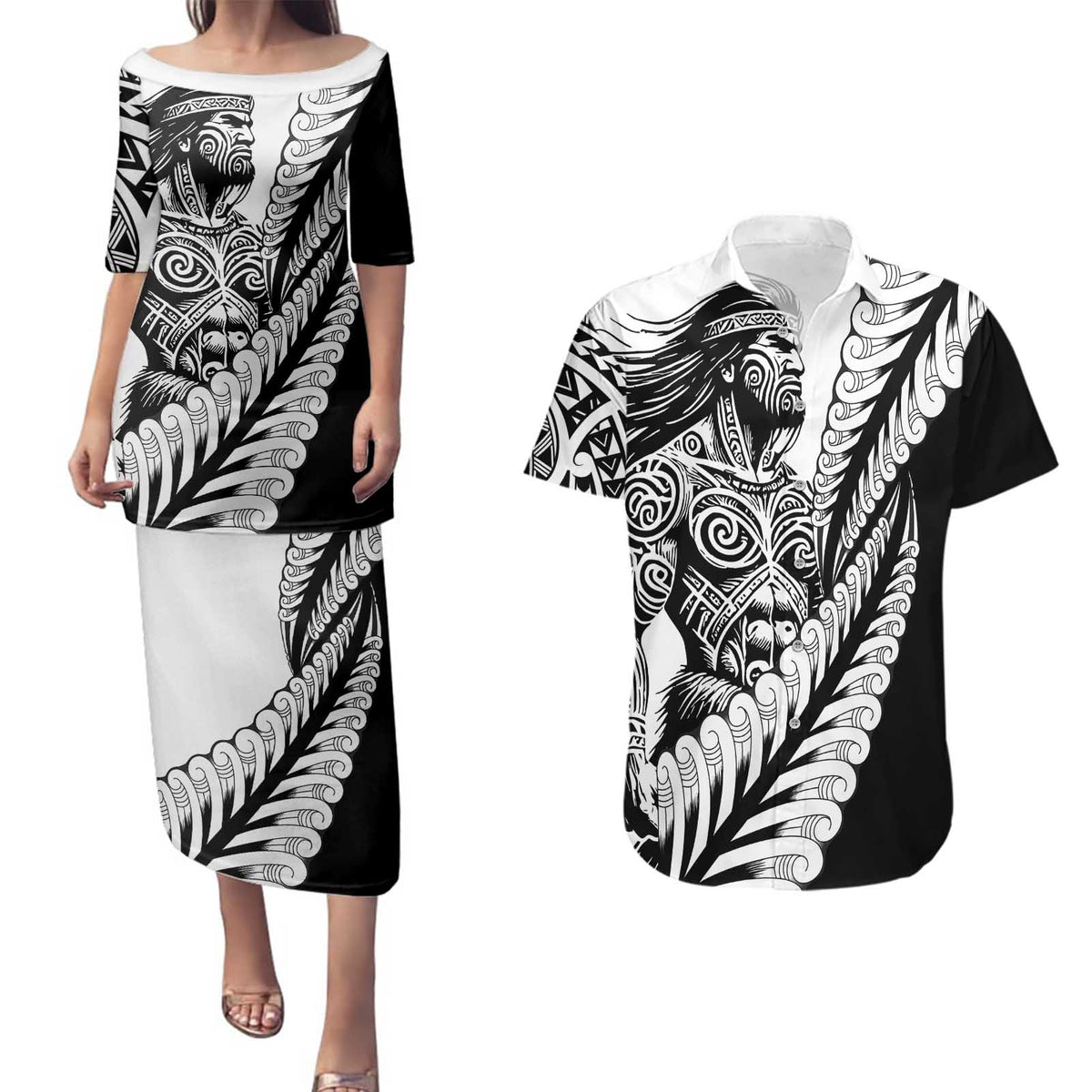 Koru Fern New Zealand Maori Tribal Warrior Couples Matching Puletasi and Hawaiian Shirt