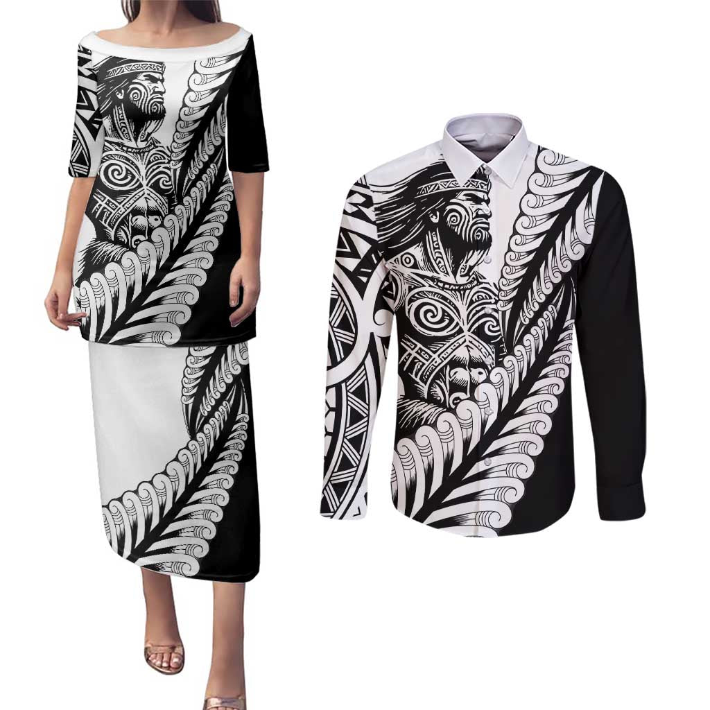 Koru Fern New Zealand Maori Tribal Warrior Couples Matching Puletasi and Long Sleeve Button Shirt LT9 Black - Polynesian Pride