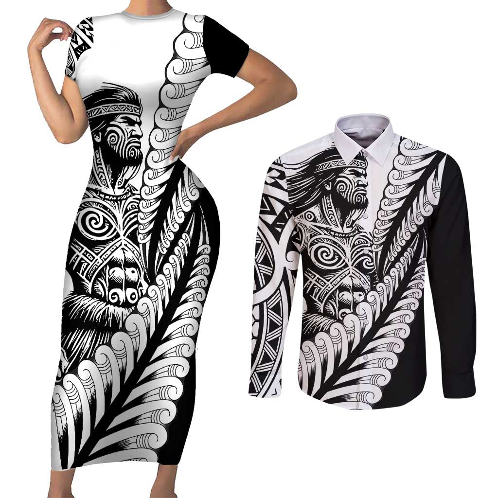 Koru Fern New Zealand Maori Tribal Warrior Couples Matching Short Sleeve Bodycon Dress and Long Sleeve Button Shirt LT9 Black - Polynesian Pride