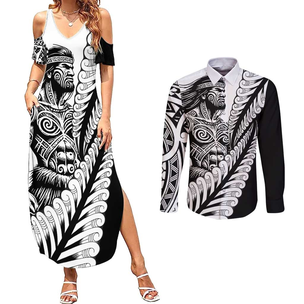 Koru Fern New Zealand Maori Tribal Warrior Couples Matching Summer Maxi Dress and Long Sleeve Button Shirt LT9 Black - Polynesian Pride
