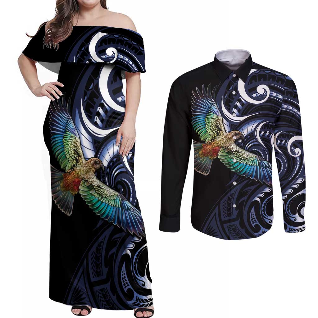 New Zealand Kea Bird Personalised Couples Matching Off Shoulder Maxi Dress and Long Sleeve Button Shirt Maori Tribal Koru Art