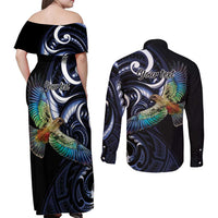 New Zealand Kea Bird Personalised Couples Matching Off Shoulder Maxi Dress and Long Sleeve Button Shirt Maori Tribal Koru Art