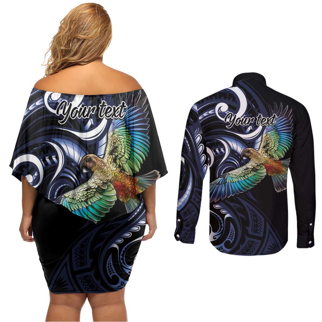 New Zealand Kea Bird Personalised Couples Matching Off Shoulder Short Dress and Long Sleeve Button Shirt Maori Tribal Koru Art
