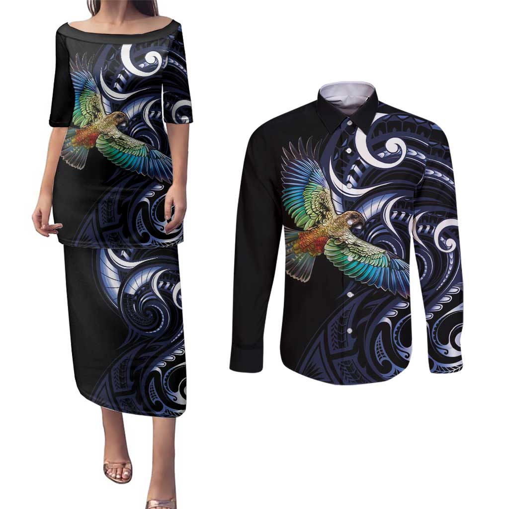 New Zealand Kea Bird Personalised Couples Matching Puletasi and Long Sleeve Button Shirt Maori Tribal Koru Art LT9 Blue - Polynesian Pride