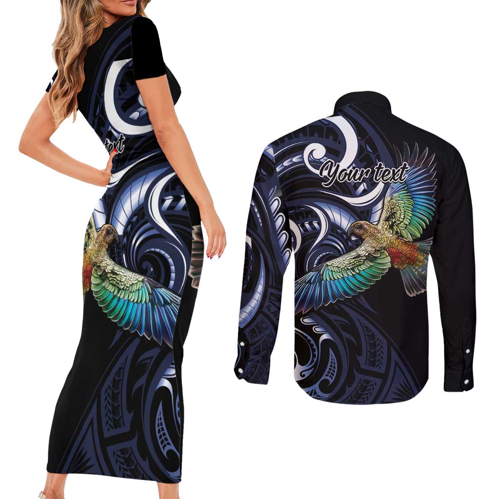 New Zealand Kea Bird Personalised Couples Matching Short Sleeve Bodycon Dress and Long Sleeve Button Shirt Maori Tribal Koru Art