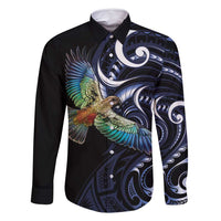 New Zealand Kea Bird Personalised Family Matching Tank Maxi Dress and Hawaiian Shirt Maori Tribal Koru Art LT9 Dad's Shirt - Long Sleeve Blue - Polynesian Pride