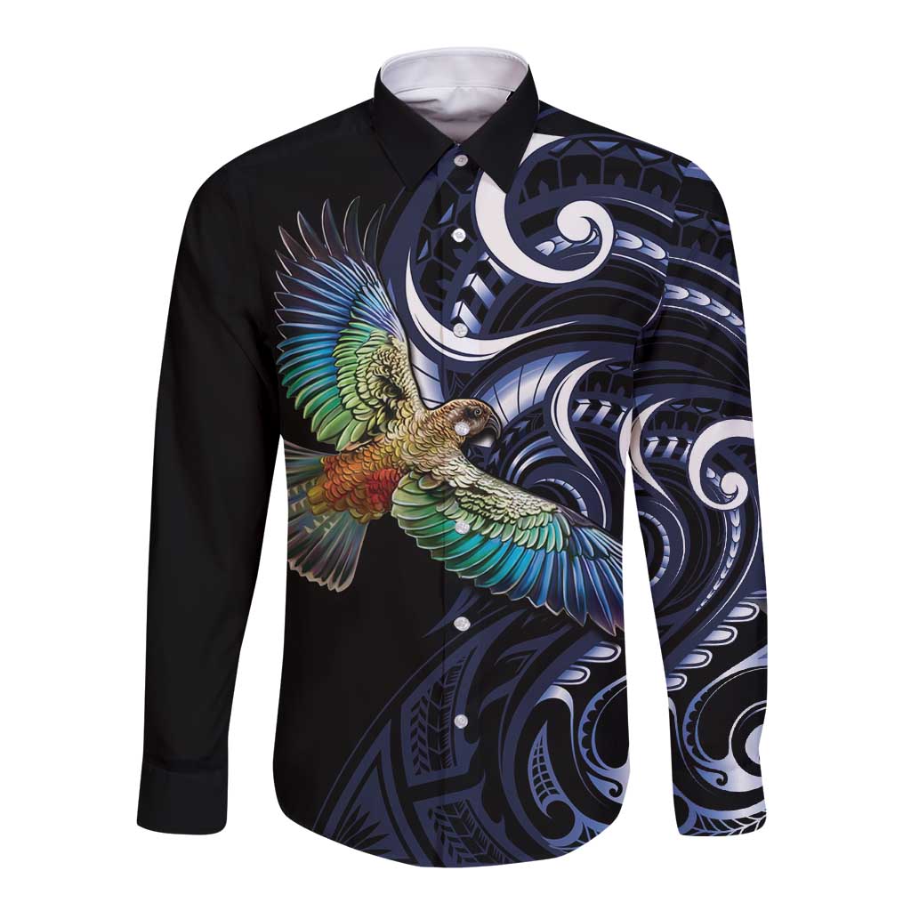 New Zealand Kea Bird Personalised Long Sleeve Button Shirt Maori Tribal Koru Art