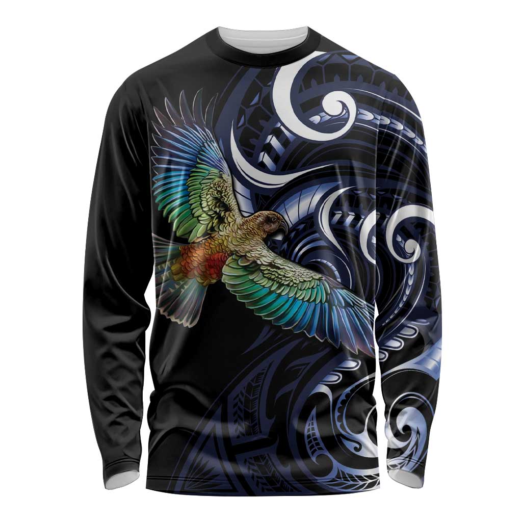 New Zealand Kea Bird Personalised Long Sleeve Shirt Maori Tribal Koru Art LT9 Unisex Blue - Polynesian Pride