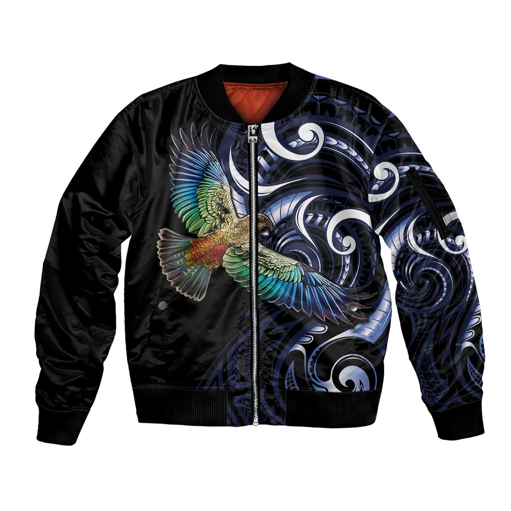 New Zealand Kea Bird Personalised Sleeve Zip Bomber Jacket Maori Tribal Koru Art LT9 Unisex Blue - Polynesian Pride