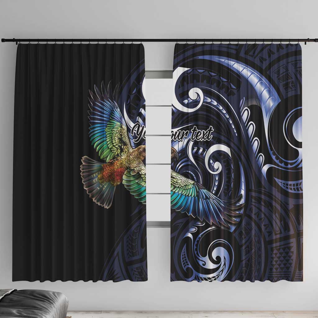 New Zealand Kea Bird Personalised Window Curtain Maori Tribal Koru Art LT9 With Hooks Blue - Polynesian Pride