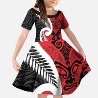 Silver Fern Koru Swirls with Maori Ta Moko Family Matching Mermaid Dress and Hawaiian Shirt LT9 Daughter's Dress Red - Polynesian Pride