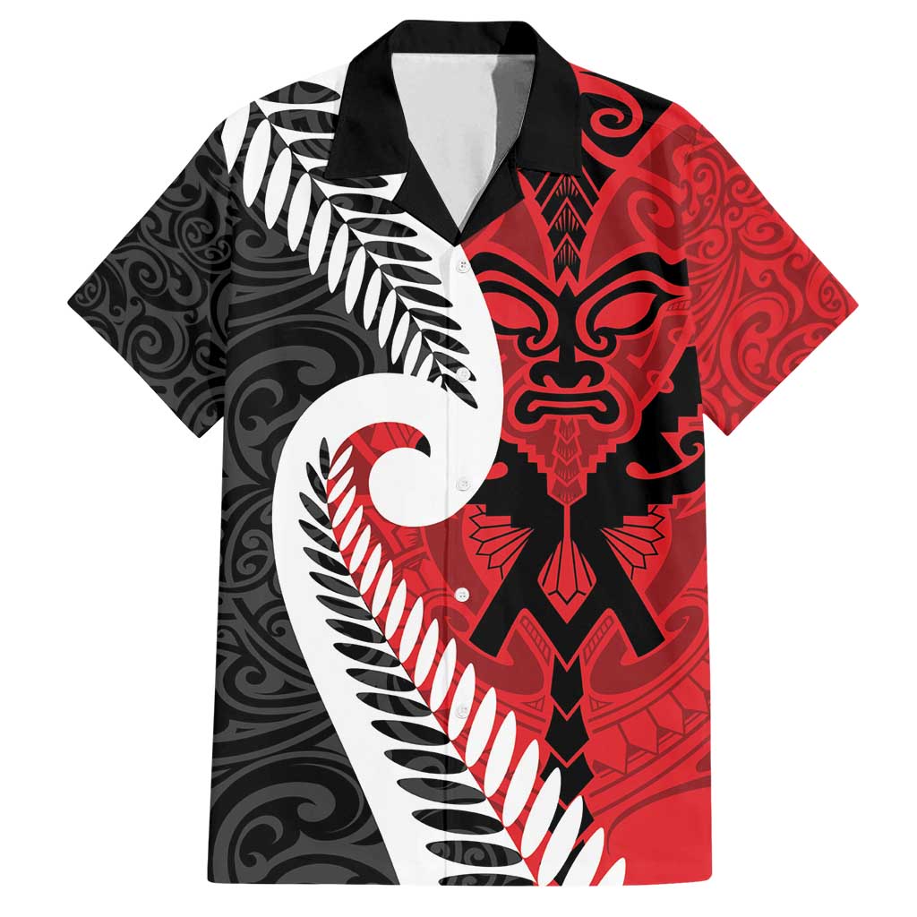 Silver Fern Koru Swirls with Maori Ta Moko Family Matching Tank Maxi Dress and Hawaiian Shirt LT9 Dad's Shirt - Short Sleeve Red - Polynesian Pride