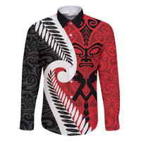 Silver Fern Koru Swirls with Maori Ta Moko Family Matching Tank Maxi Dress and Hawaiian Shirt LT9 Dad's Shirt - Long Sleeve Red - Polynesian Pride