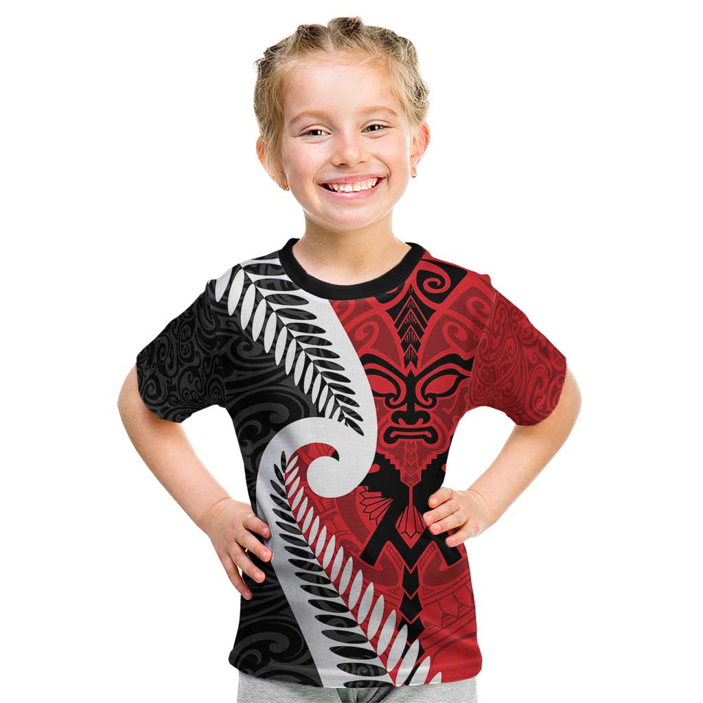 Silver Fern Koru Swirls with Maori Ta Moko Kid T Shirt LT9 Red - Polynesian Pride