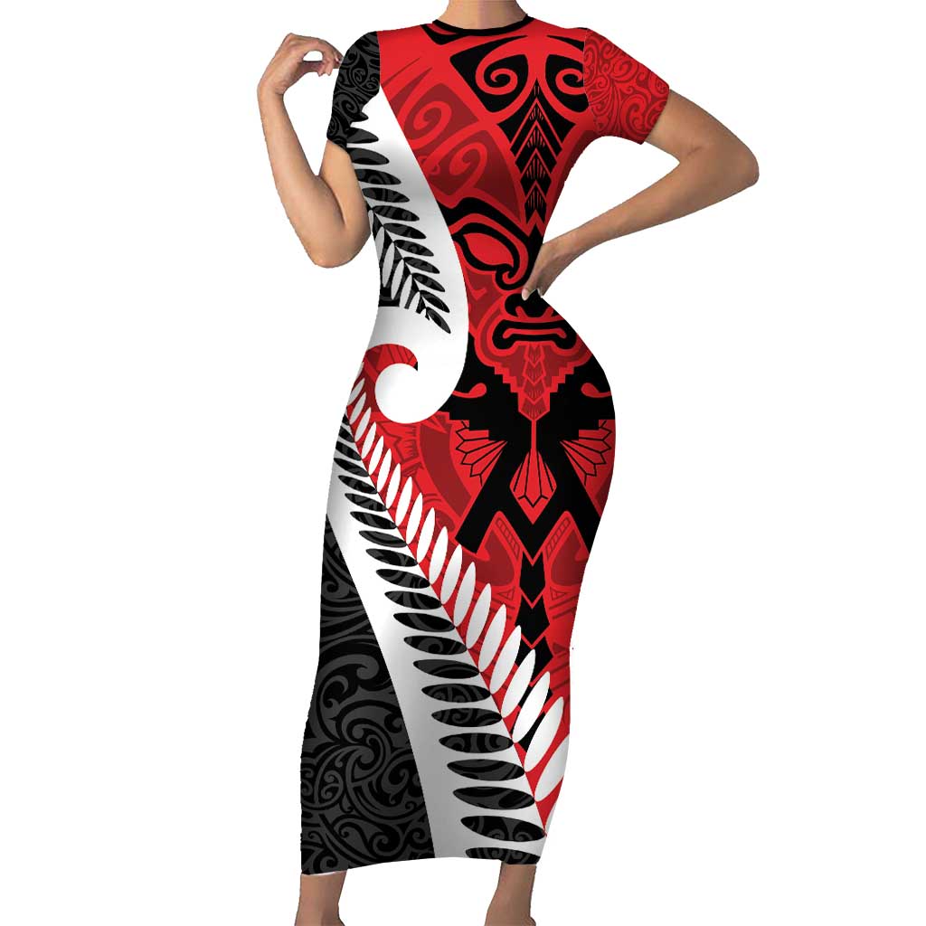 Silver Fern Koru Swirls with Maori Ta Moko Short Sleeve Bodycon Dress LT9 Long Dress Red - Polynesian Pride