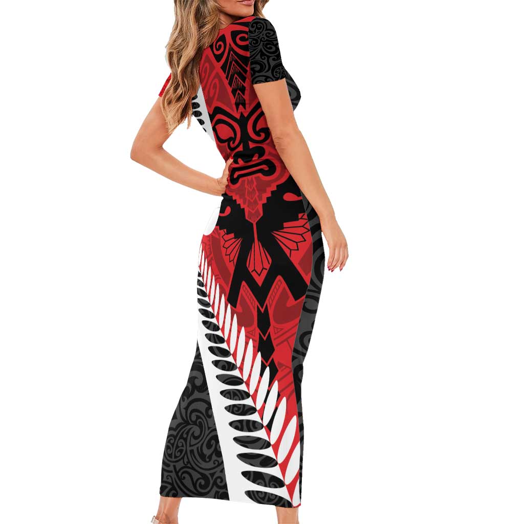 Silver Fern Koru Swirls with Maori Ta Moko Short Sleeve Bodycon Dress LT9 - Polynesian Pride