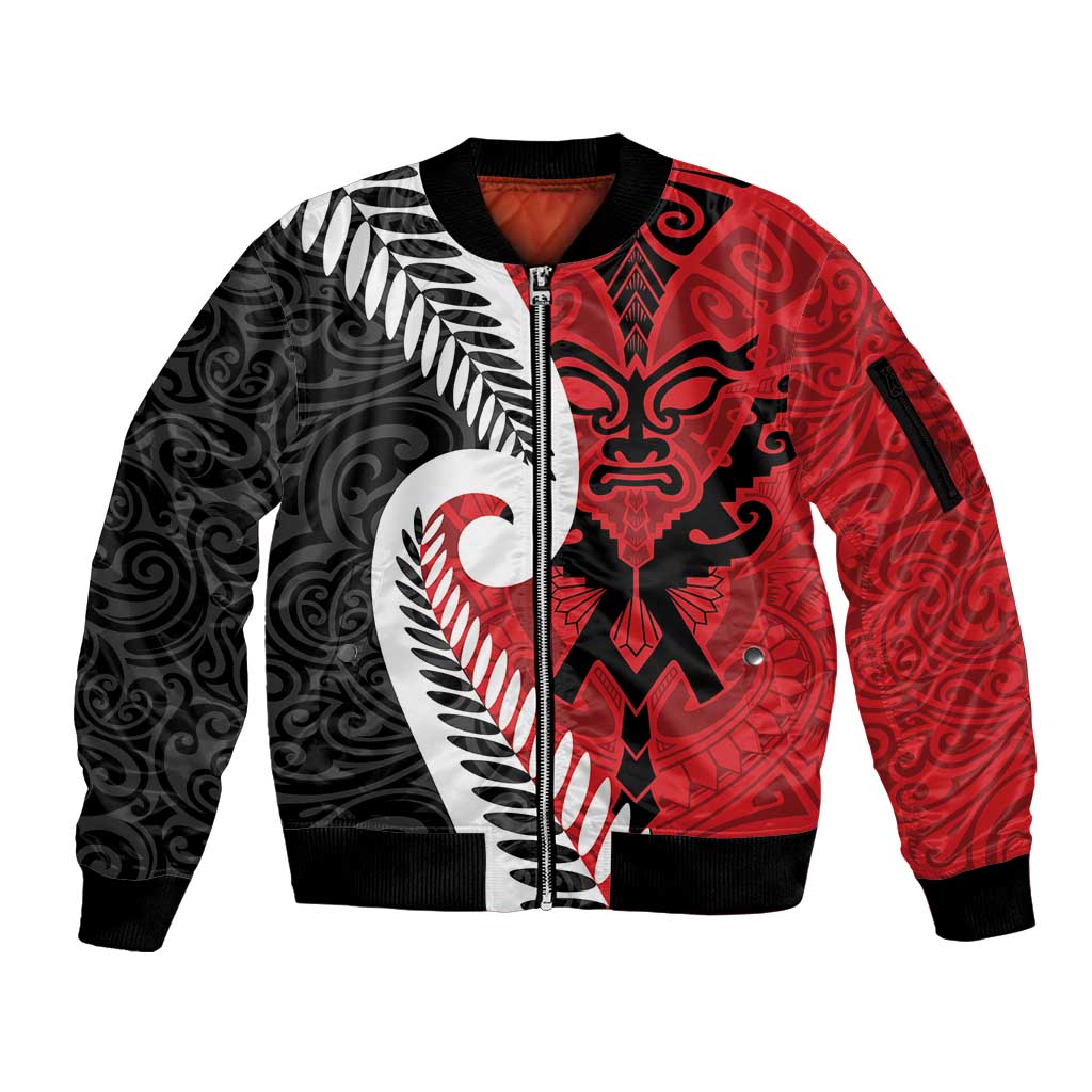 Silver Fern Koru Swirls with Maori Ta Moko Sleeve Zip Bomber Jacket LT9 Unisex Red - Polynesian Pride
