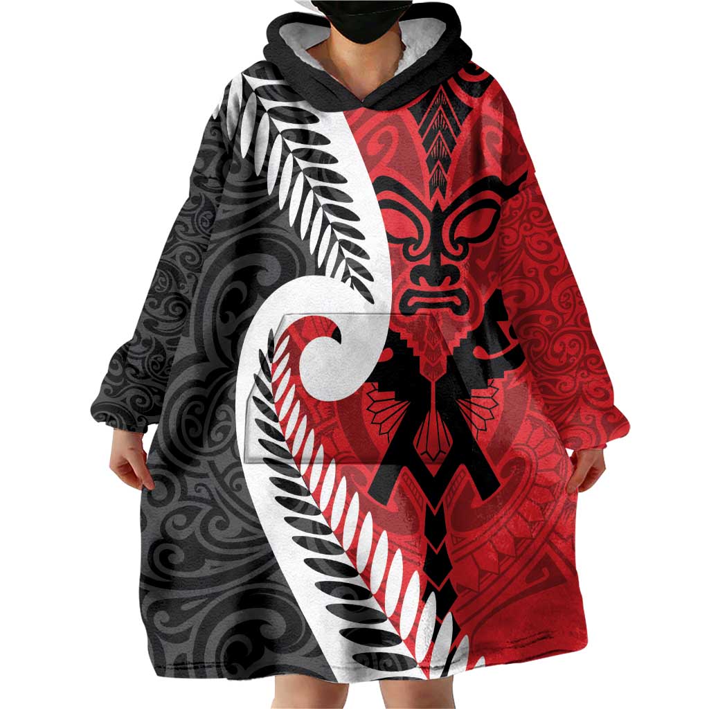 Silver Fern Koru Swirls with Maori Ta Moko Wearable Blanket Hoodie