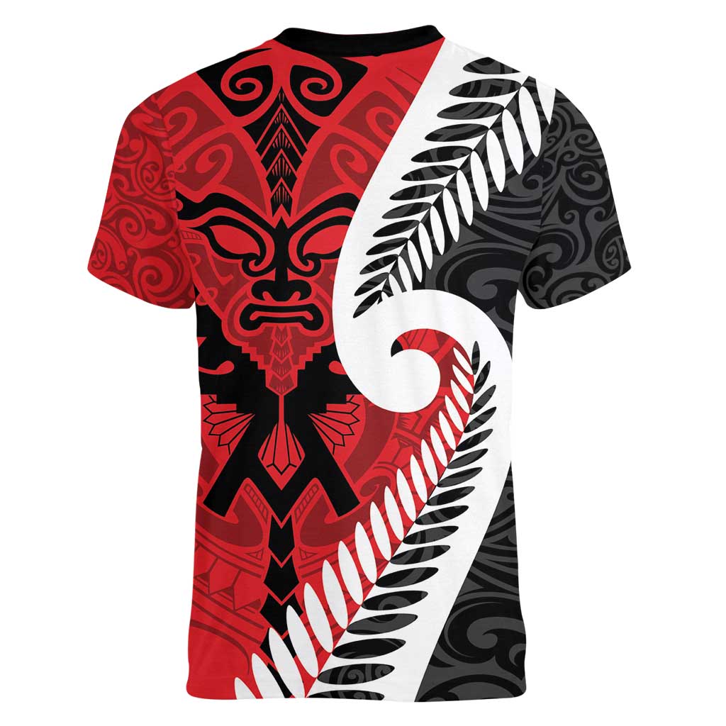 Silver Fern Koru Swirls with Maori Ta Moko Women V-Neck T-Shirt