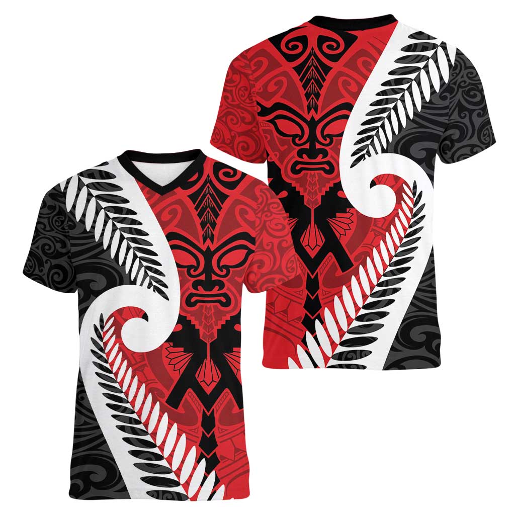 Silver Fern Koru Swirls with Maori Ta Moko Women V-Neck T-Shirt