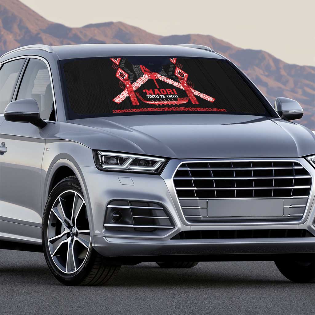Toitu Te Tiriti Waitangi Auto Sun Shade Black Wharenui House - Polynesian Pride