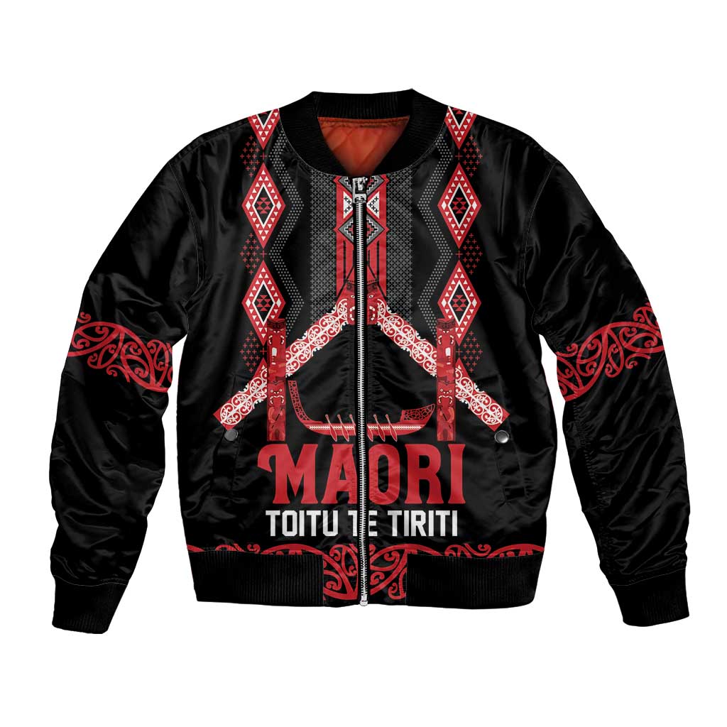 Toitu Te Tiriti Waitangi Bomber Jacket Black Wharenui House - Polynesian Pride