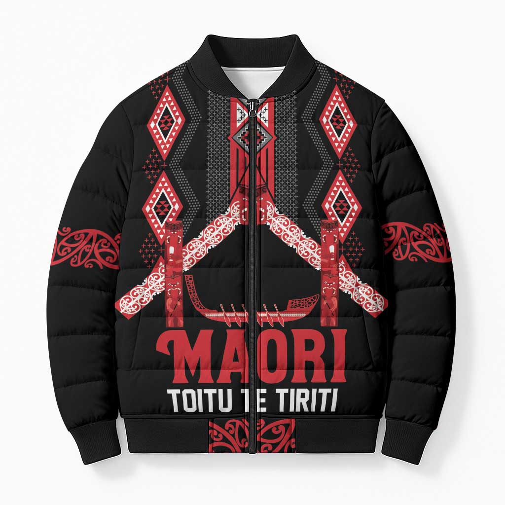 Toitu Te Tiriti Waitangi Bomber Puffer Jacket Black Wharenui House - Polynesian Pride