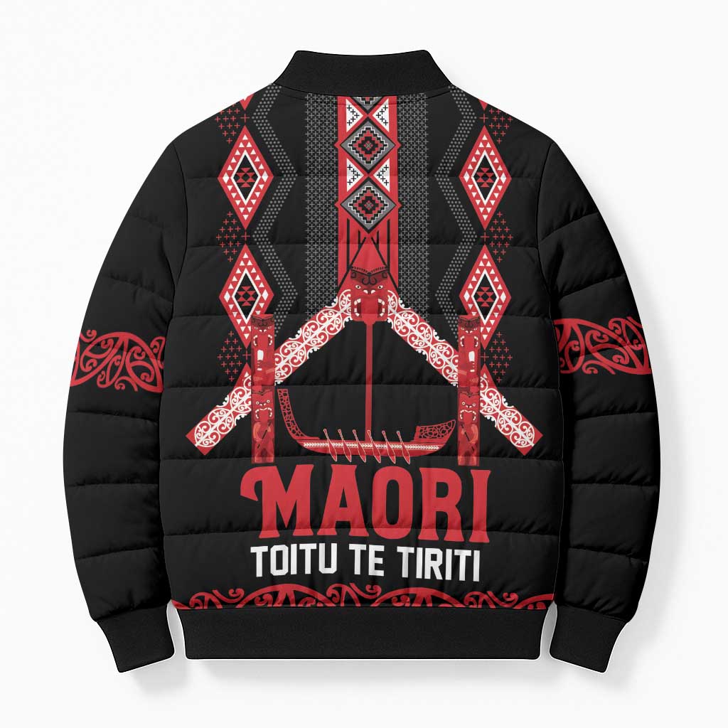 Toitu Te Tiriti Waitangi Bomber Puffer Jacket Black Wharenui House - Polynesian Pride