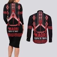 Toitu Te Tiriti Waitangi Couples Matching Long Sleeve Bodycon Dress and Long Sleeve Button Shirt Black Wharenui House - Polynesian Pride