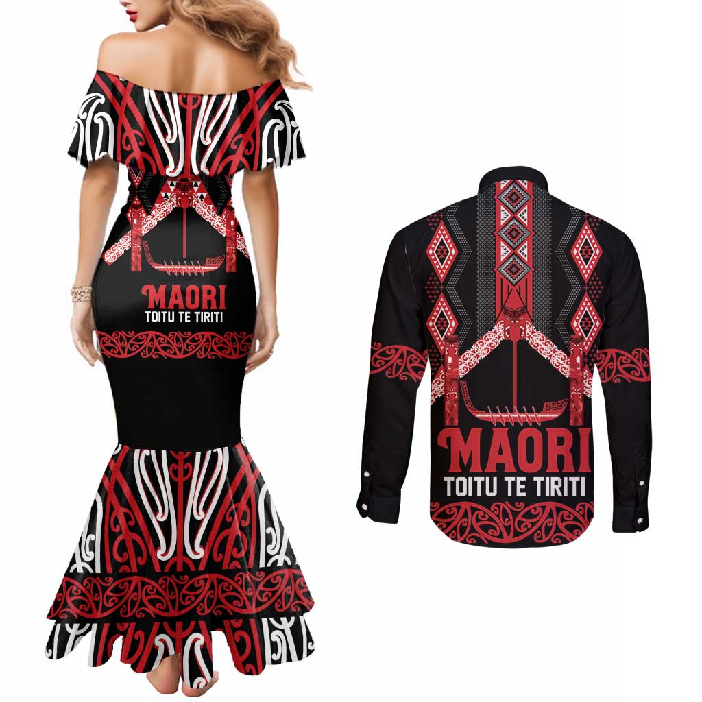 Toitu Te Tiriti Waitangi Couples Matching Mermaid Dress and Long Sleeve Button Shirt Black Wharenui House - Polynesian Pride