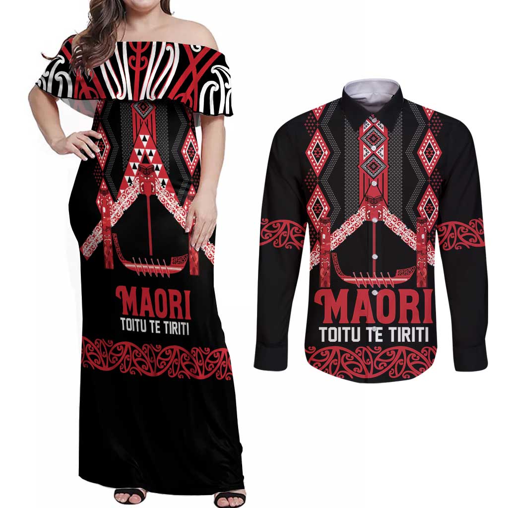 Toitu Te Tiriti Waitangi Couples Matching Off Shoulder Maxi Dress and Long Sleeve Button Shirt Black Wharenui House - Polynesian Pride