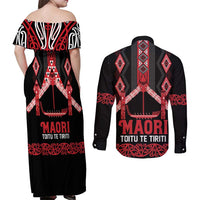 Toitu Te Tiriti Waitangi Couples Matching Off Shoulder Maxi Dress and Long Sleeve Button Shirt Black Wharenui House - Polynesian Pride
