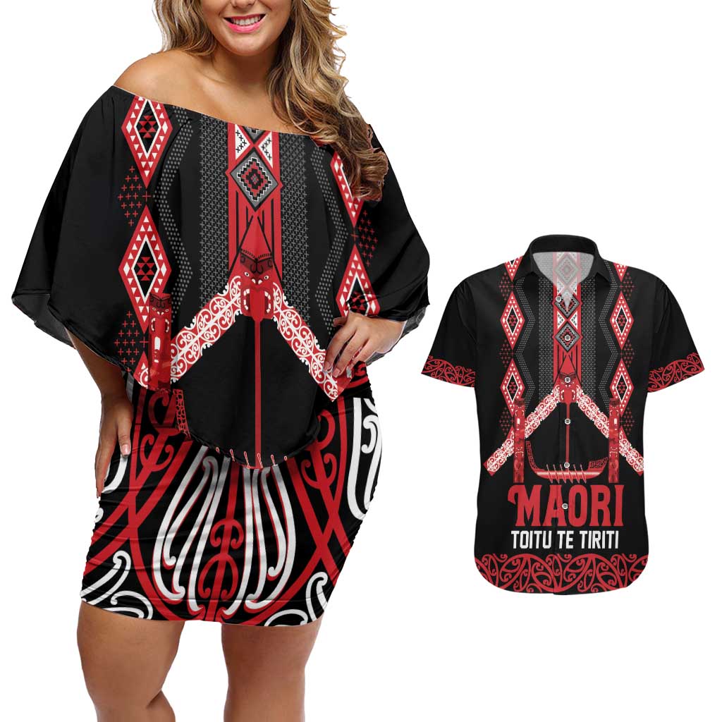 Toitu Te Tiriti Waitangi Couples Matching Off Shoulder Short Dress and Hawaiian Shirt Black Wharenui House - Polynesian Pride