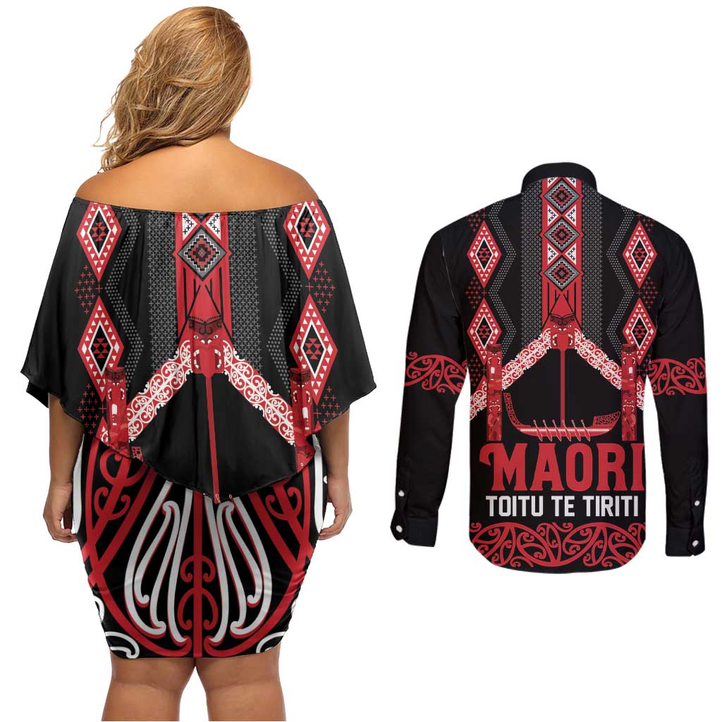 Toitu Te Tiriti Waitangi Couples Matching Off Shoulder Short Dress and Long Sleeve Button Shirt Black Wharenui House - Polynesian Pride