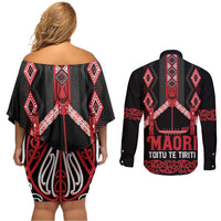 Toitu Te Tiriti Waitangi Couples Matching Off Shoulder Short Dress and Long Sleeve Button Shirt Black Wharenui House - Polynesian Pride