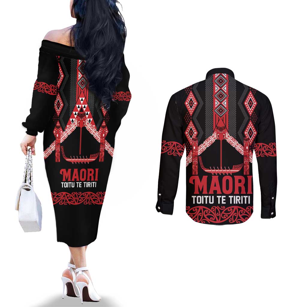 Toitu Te Tiriti Waitangi Couples Matching Off The Shoulder Long Sleeve Dress and Long Sleeve Button Shirt Black Wharenui House - Polynesian Pride