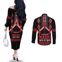 Toitu Te Tiriti Waitangi Couples Matching Off The Shoulder Long Sleeve Dress and Long Sleeve Button Shirt Black Wharenui House - Polynesian Pride