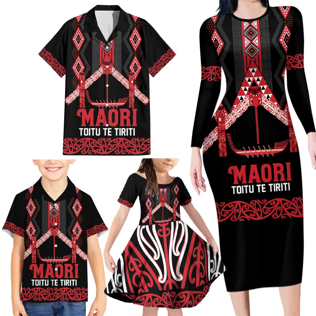 Toitu Te Tiriti Waitangi Family Matching Long Sleeve Bodycon Dress and Hawaiian Shirt Black Wharenui House - Polynesian Pride