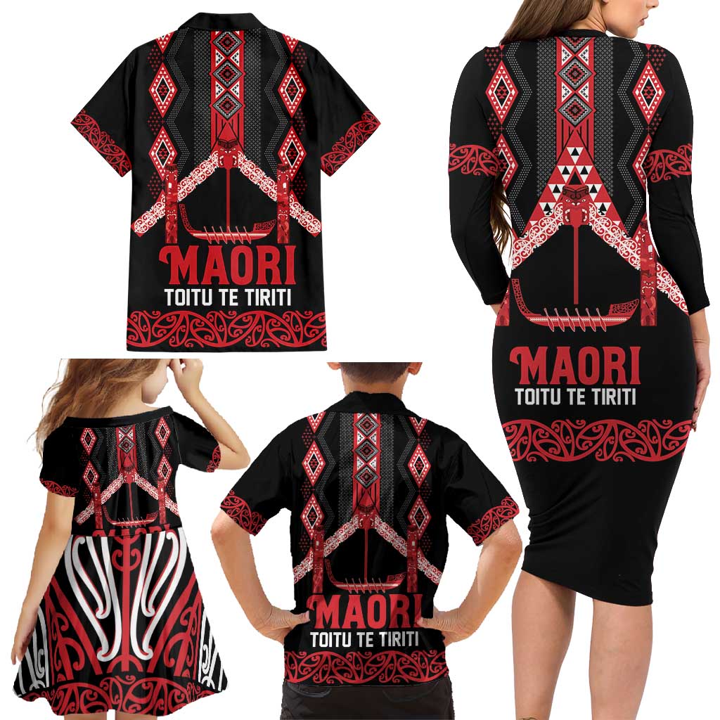 Toitu Te Tiriti Waitangi Family Matching Long Sleeve Bodycon Dress and Hawaiian Shirt Black Wharenui House - Polynesian Pride