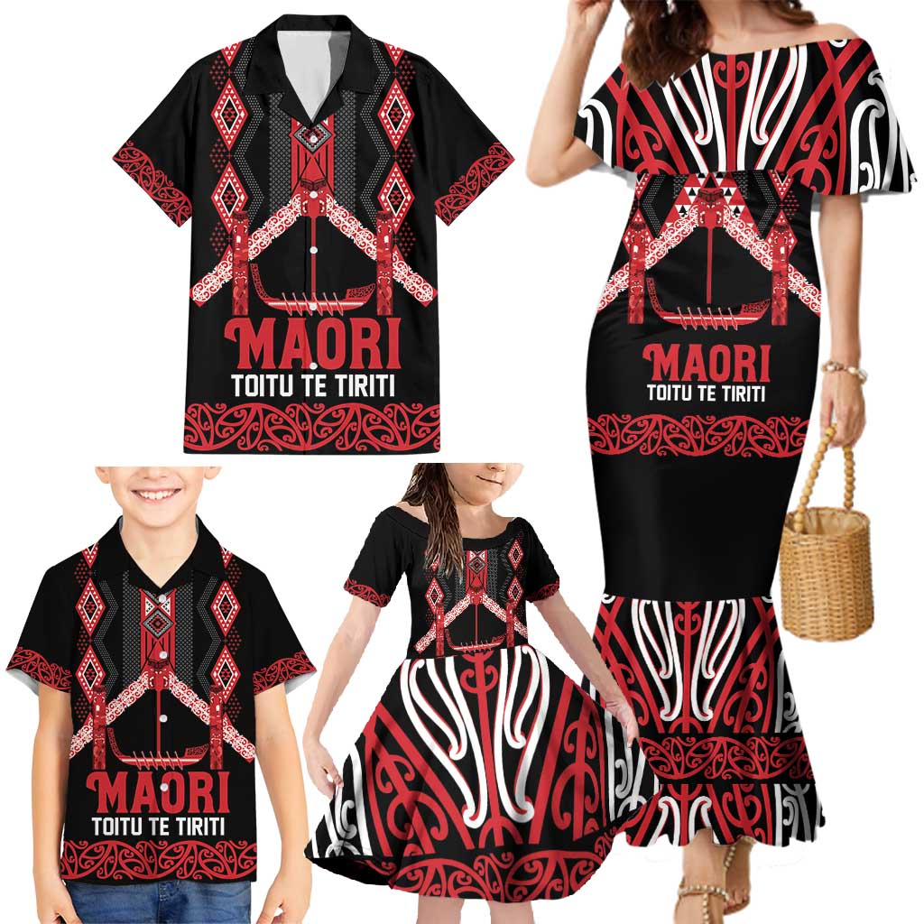 Toitu Te Tiriti Waitangi Family Matching Mermaid Dress and Hawaiian Shirt Black Wharenui House LT9 - Polynesian Pride