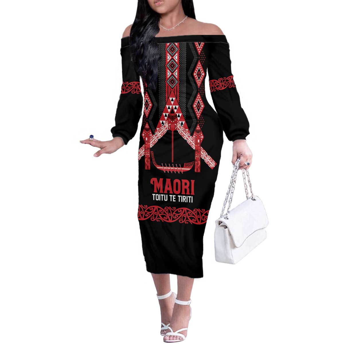 Toitu Te Tiriti Waitangi Family Matching Off The Shoulder Long Sleeve Dress and Hawaiian Shirt Black Wharenui House - Polynesian Pride
