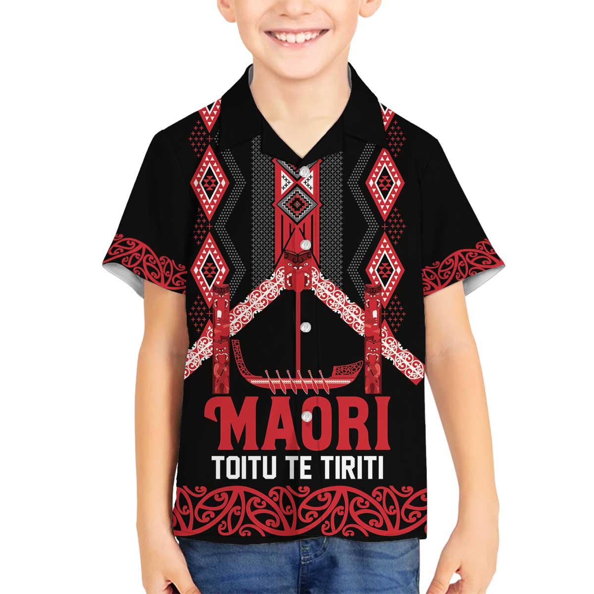 Toitu Te Tiriti Waitangi Family Matching Off The Shoulder Long Sleeve Dress and Hawaiian Shirt Black Wharenui House - Polynesian Pride