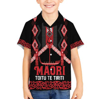 Toitu Te Tiriti Waitangi Family Matching Off The Shoulder Long Sleeve Dress and Hawaiian Shirt Black Wharenui House - Polynesian Pride