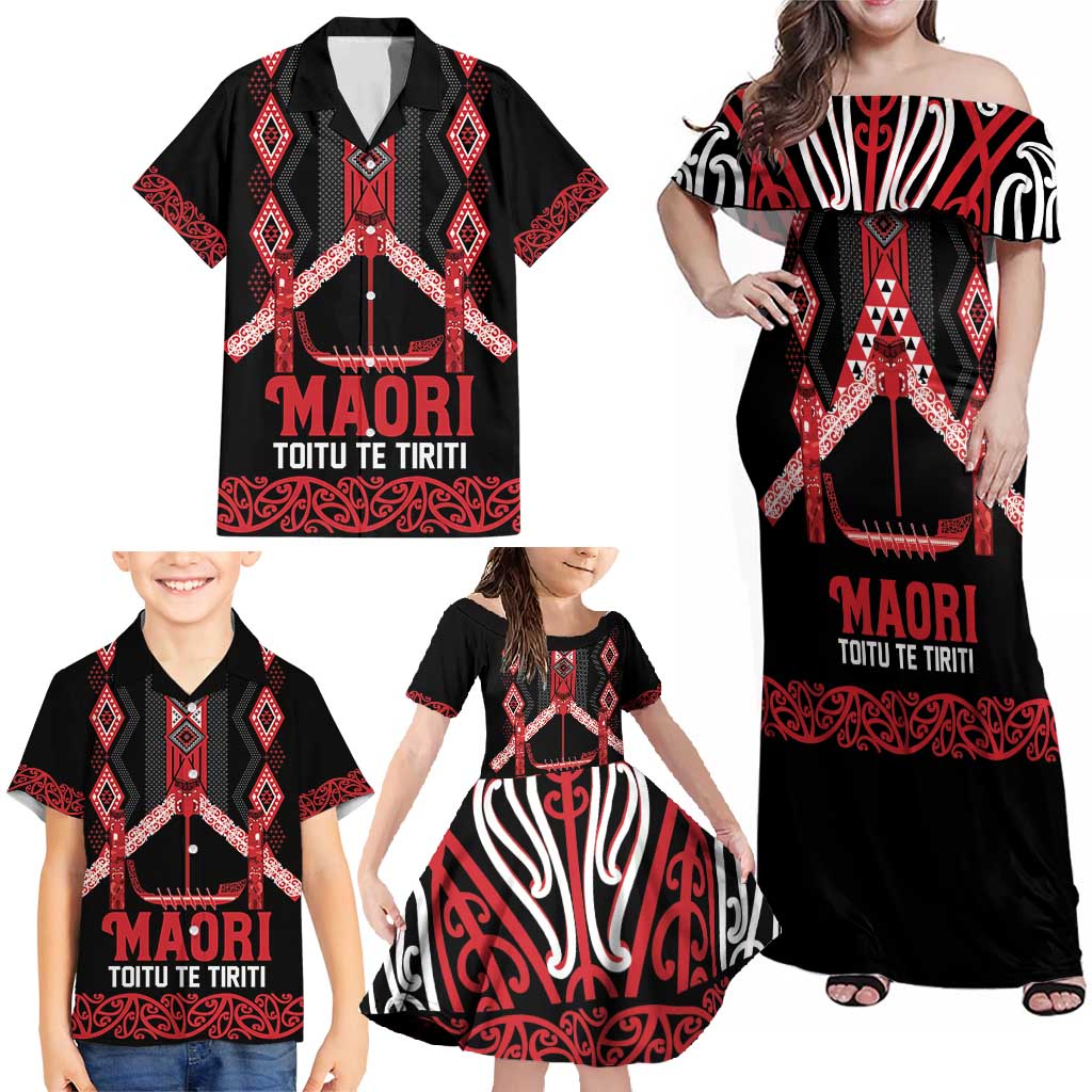 Toitu Te Tiriti Waitangi Family Matching Off Shoulder Maxi Dress and Hawaiian Shirt Black Wharenui House - Polynesian Pride