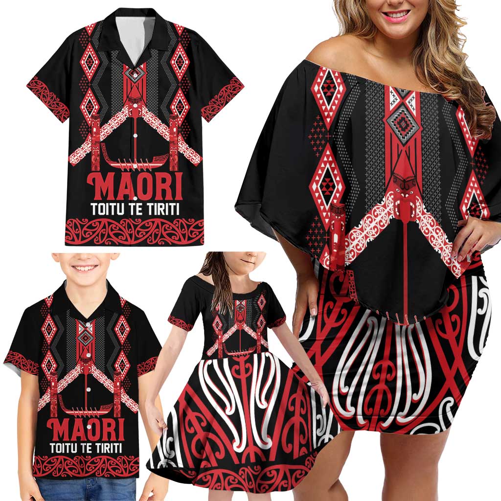 Toitu Te Tiriti Waitangi Family Matching Off Shoulder Short Dress and Hawaiian Shirt Black Wharenui House - Polynesian Pride